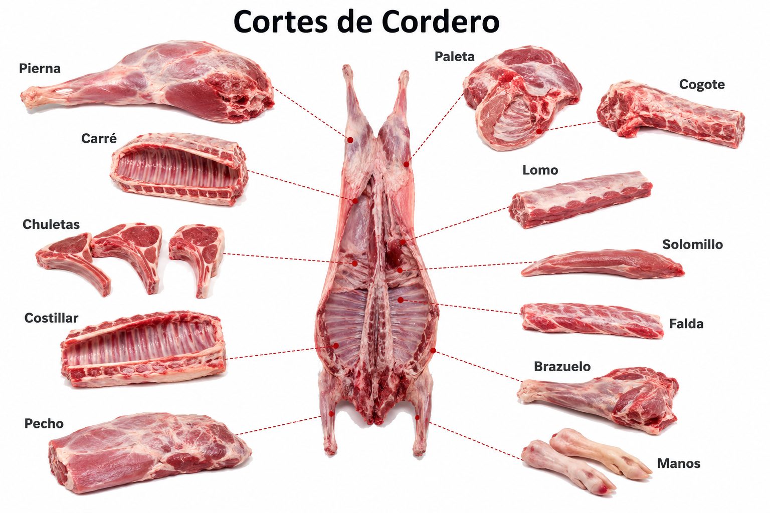 Diagrama con los cortes de cordero: pierna, paleta, costillar, carré, chuletas, lomo, solomillo, falda, , pecho, cogote y menudencias.